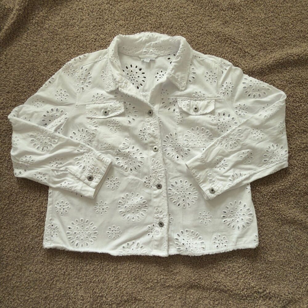 J.jill Anthropologie White Eyelet Embroided Utility Jacket Boho Cottagecore